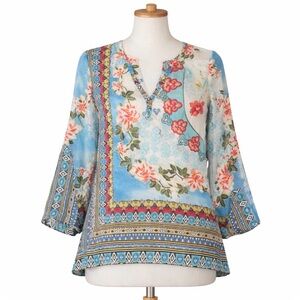 Johnny Was Silk Floral Boho Blouse Tunic XS Blue Multicolor Print, NWOT
